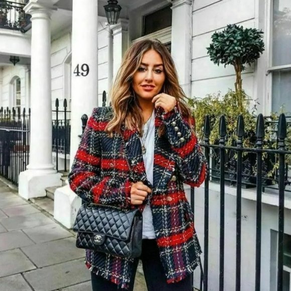 ZARA | RARE Plaid Tweed Red Checkered Frayed Hem Collared Blazer (Size XS) - Picture 10 of 15